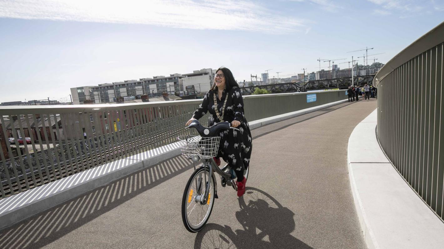 Banner image Lord Mayor of Dublin cycling the newly opened section of the Royal Canal Greenway