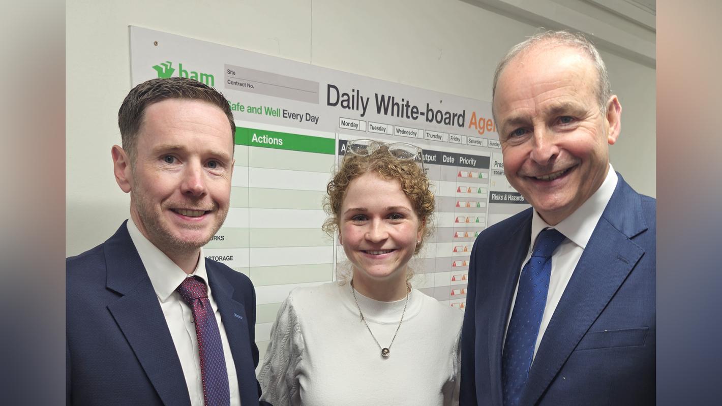 Banner image of Taoiseach with Aoife O'Sullivan and Daire Ó Riagáin